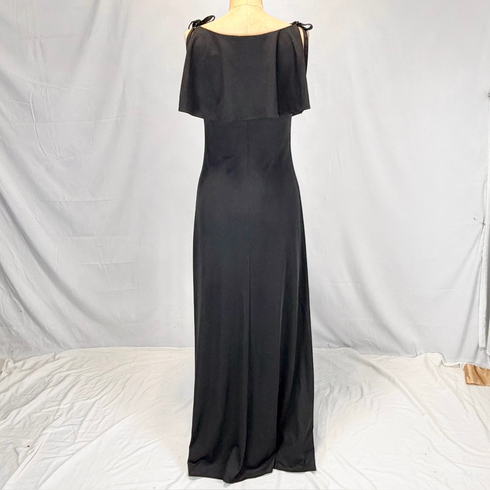VINTAGE 70s black ruffle bodice long maxi dress bow‎ tie strap black formal prom - Picture 5 of 11